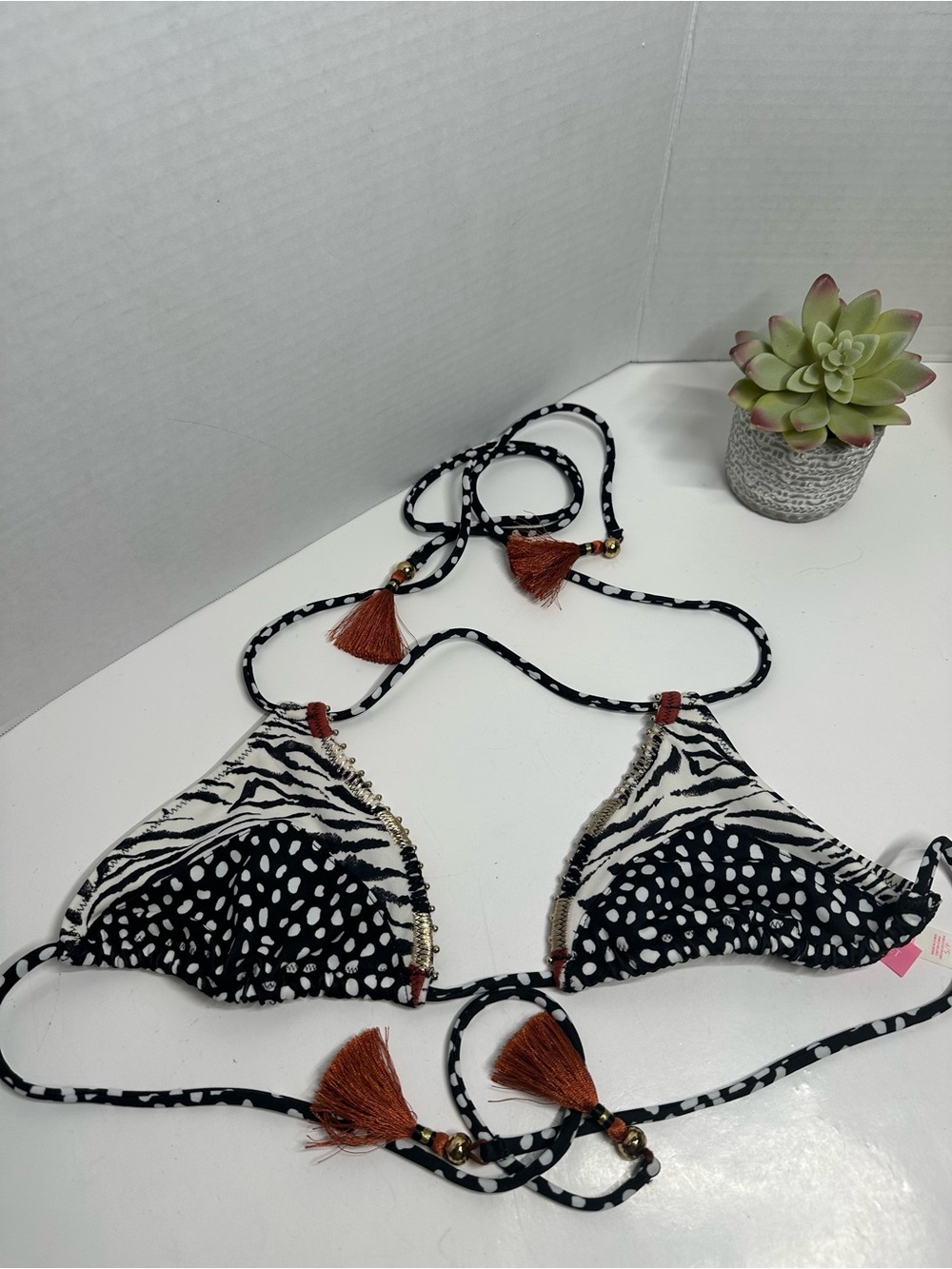 Women’s Black & White Animal Print Triangle Bikini Top with Rust Tassels